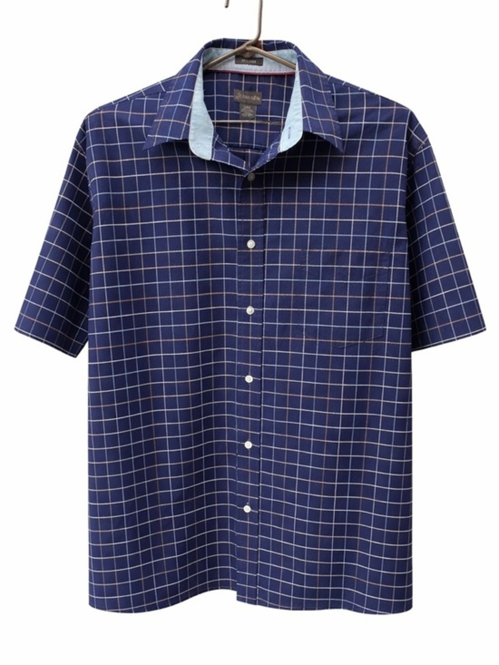 St. John's Bay Navy and White Windowpane Short-Sleeve Button-Up Shirt